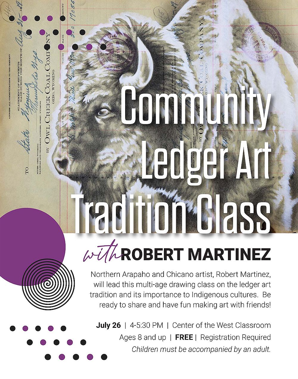 Artwork by Robert Martinez: Owl Creek Buffalo, graphite & acrylic on antique ledger paper. Photo courtesy Robert Martinez.