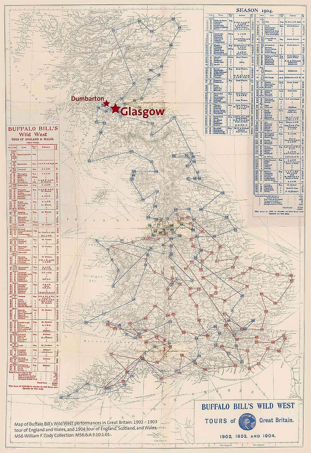 Map of Buffalo Bill's Wild West performances in Great Britain: 1902-1903 tour of England and Wales, and 1904 tour of England, Scotland, and Wales. MS6 William F. Cody Collection, McCracken Research Library. MS6.6.A.3.10.1.01