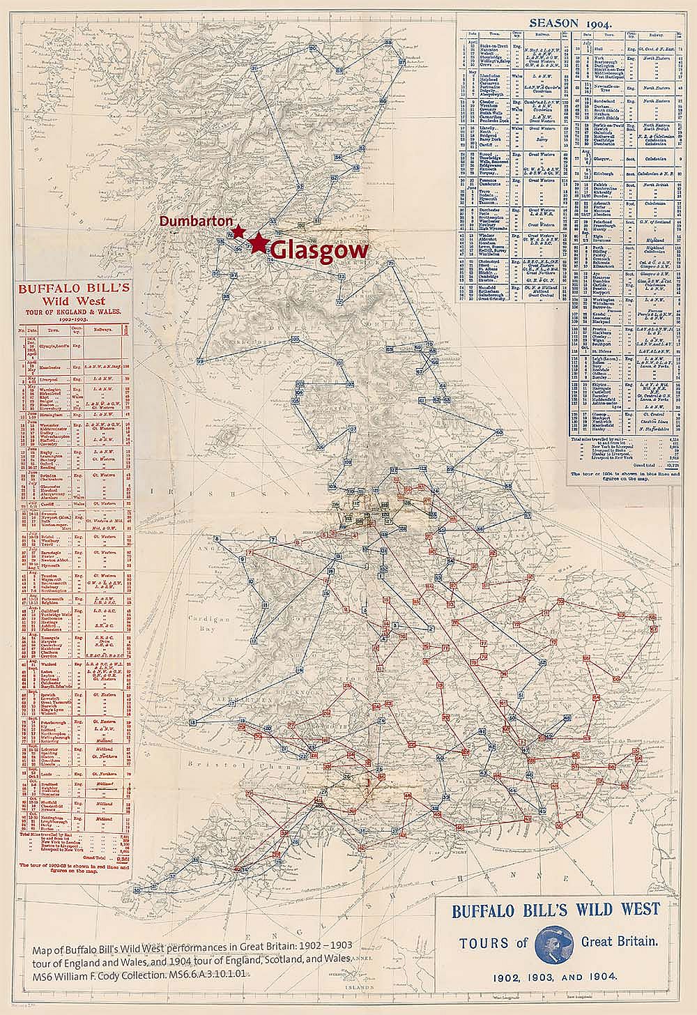 Map of Buffalo Bill's Wild West performances in Great Britain: 1902-1903 tour of England and Wales, and 1904 tour of England, Scotland, and Wales. MS6 William F. Cody Collection, McCracken Research Library. MS6.6.A.3.10.1.01