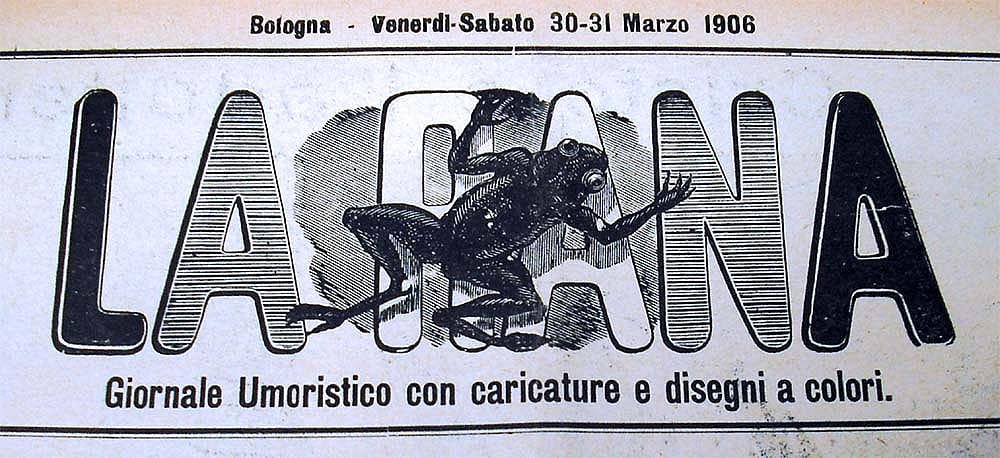 Historical black and white banner for "La Rana," an Italian humor magazine, featuring an illustration of a frog, from March 1906.