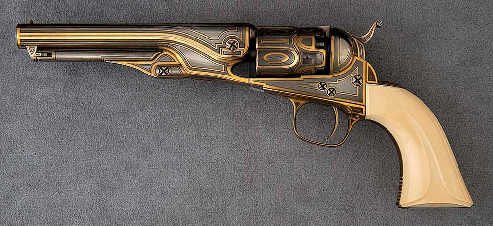 Colt Model 1862 Police Revolver, 36 caliber. Embellished in 1999 by famed craftsman Raymond Wielgus (1920-2010) using gold, ivory, and steel. Gift of Raymond J. Wielgus. 2010.17.12