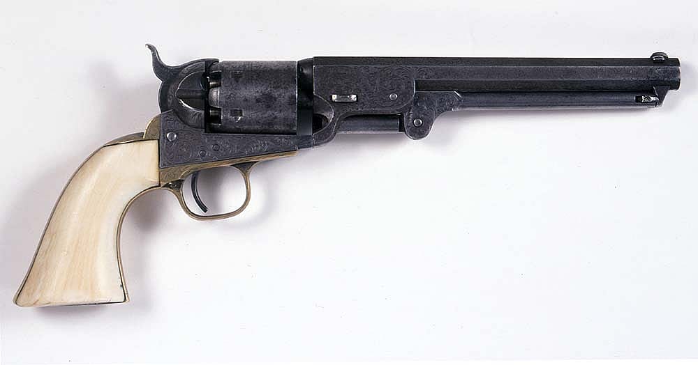 Firearms are found throughout the Center including this one from the Buffalo Bill Museum: Model 1851 Colt Navy revolver, .36 caliber, engraved with gold and ivory. Belonged to Wild Bill Hickok and sold to help pay for his burial expenses. Eventually, a buyer purchased it for $.25. Gift of Florence Jenkins and the Donald Becker Family. 1.69.6284.1