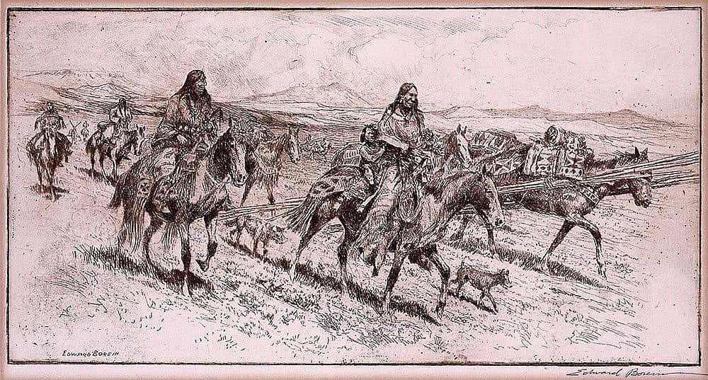 Edward Borein (1872-1945). "Blackfoot Women Moving Camp, No. 2," ca. 1922. Etching and dry point on paper, 6 x 11 inches. Gift of Corliss C. and Audrienne H. Moseley. 18.65