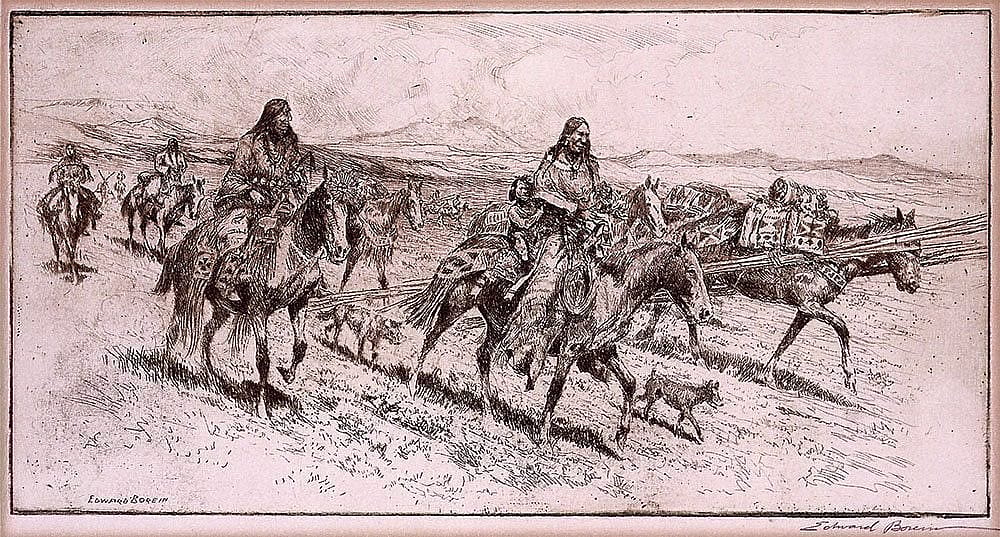 Edward Borein (1872-1945). "Blackfoot Women Moving Camp, No. 2," ca. 1922. Etching and dry point on paper, 6 x 11 inches. Gift of Corliss C. and Audrienne H. Moseley. 18.65
