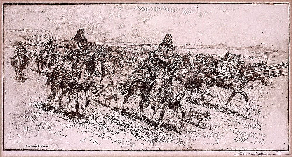 Edward Borein (1872-1945). "Blackfoot Women Moving Camp, No. 2," ca. 1922. Etching and dry point on paper, 6 x 11 inches. Gift of Corliss C. and Audrienne H. Moseley. 18.65