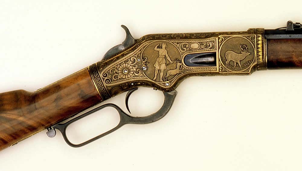 Detail of reverse side of the Model 1866 Winchester, shown above, engraved by Conrad F. Ulrich. 1988.8.3283