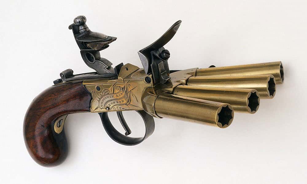 .50 cal. flintlock pepperbox "duck's foot" pistol, G. Goodwin & Company, London, ca. 1800. Gift of Olin Corporation, Winchester Arms Collection. 1988.8.980