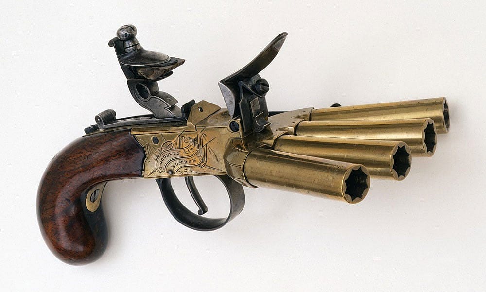 .50 cal. flintlock pepperbox "duck's foot" pistol, G. Goodwin & Company, London, ca. 1800. Gift of Olin Corporation, Winchester Arms Collection. 1988.8.980