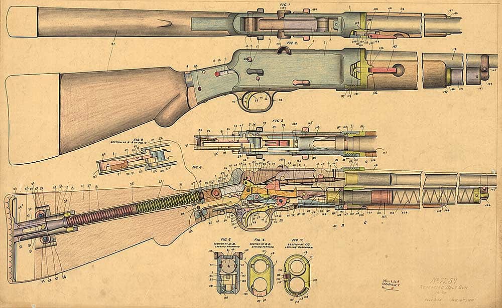 Design drawing, 16 ga. repeating shotgun, right view and cutaway, showing all parts. 8-16-1900. MS 063 Winchester Repeating Arms Company Collection. Olin Corporation Charitable Trust. MS63.119.053