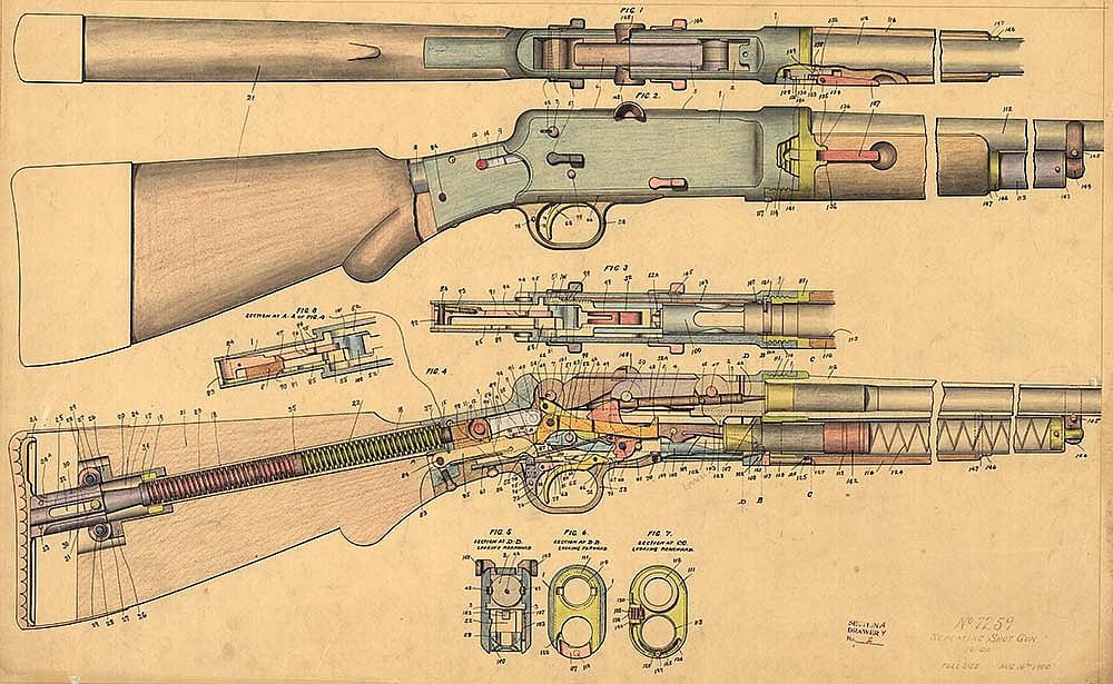 Design drawing, 16 ga. repeating shotgun, right view and cutaway, showing all parts. 8-16-1900. MS 063 Winchester Repeating Arms Company Collection. Olin Corporation Charitable Trust. MS63.119.053