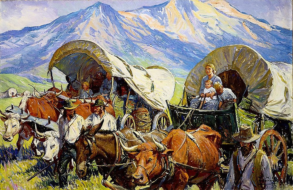 W.H.D. Koerner (1878-1938). "The Road to Oregon (Lone Travel, or Travel in Groups of a Few, as Andy Had Known it, Was Practically a Thing of the Past)," 1933. Oil on canvas, 26.125 x 40.125 inches. Gift of Ruth Koerner Oliver. 6.92.2