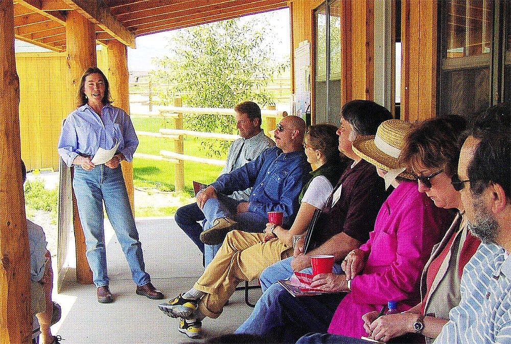 Laura Bell, the Absarokas Program Director for The Nature Conservancy, met at the Heart Mountain Ranch with participants in a 2004 session of the Larom Summer Institute in Western American Studies.