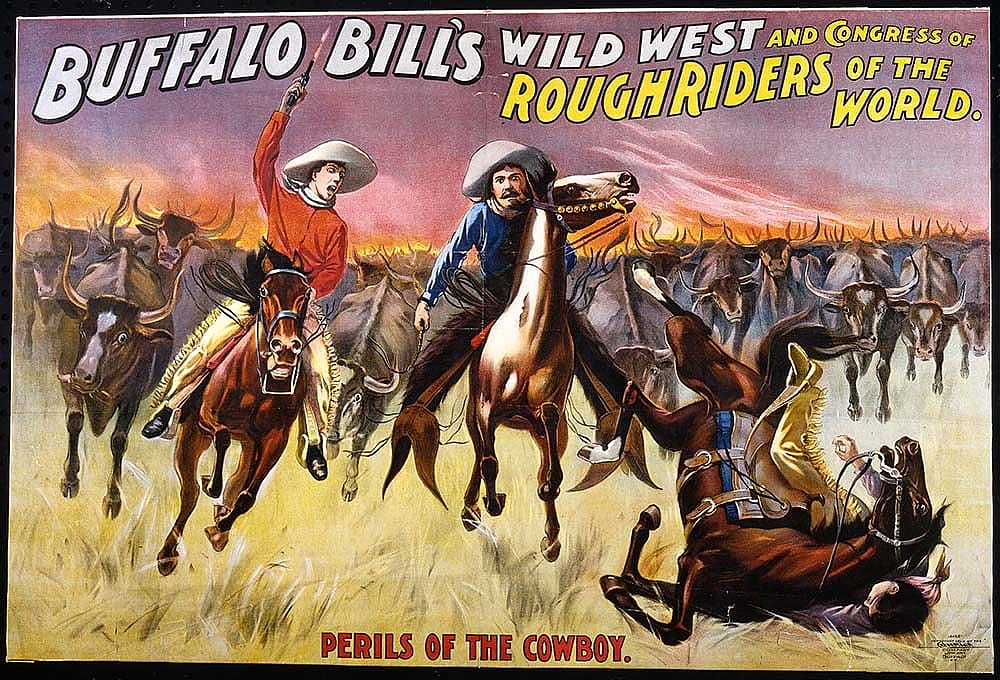 Colorful vintage poster of Buffalo Bill's Wild West and Congress of the Roughriders, showcasing cowboys and cattle in action.