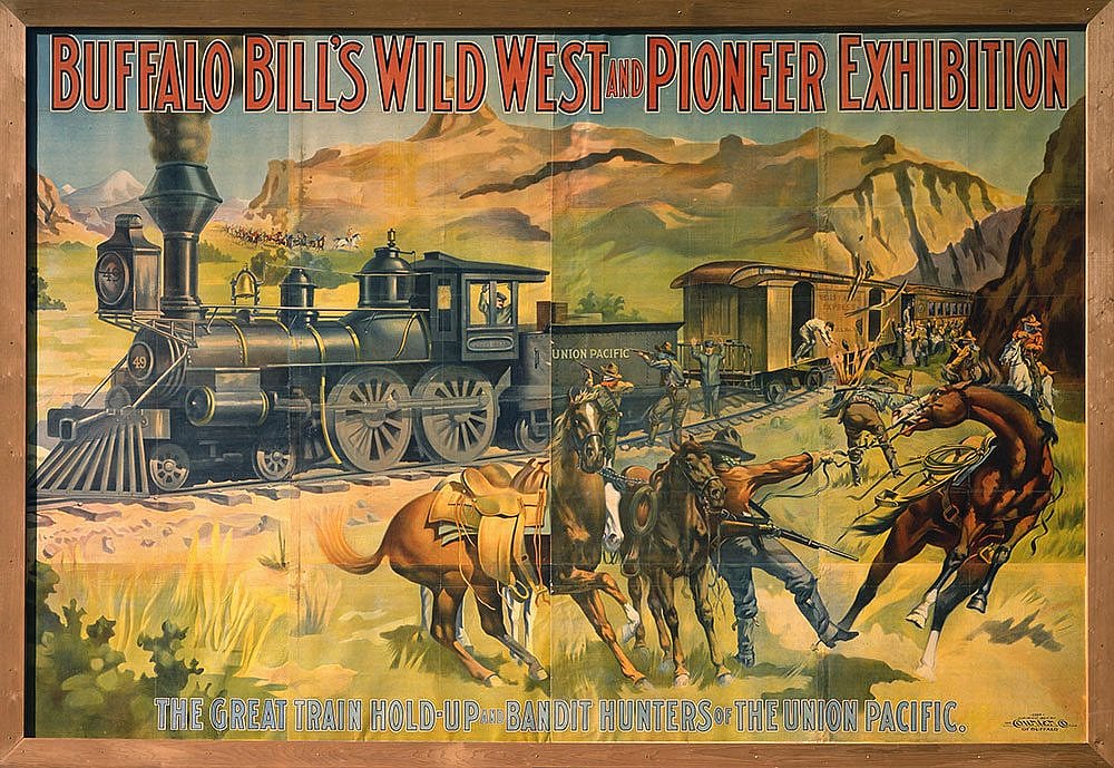 The New York Times reported that the citizens of Paterson, New Jersey, found this Wild West poster of outlaws attacking a train too graphic. Buffalo Bill's Wild West and Pioneer Exhibition, 1907. Poster, 108 x 159.5 inches. Courier Company lithograph, Buffalo, New York. Original Buffalo Bill Museum Collection. 1.69.540
