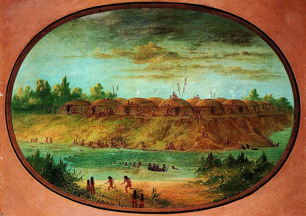 George Catlin (1796-1872). Minatarree Village, Minatarree, seven miles above the Mandan on the bank of the Knife River, ca. 1855-1870. Gift of Paul Mellon.