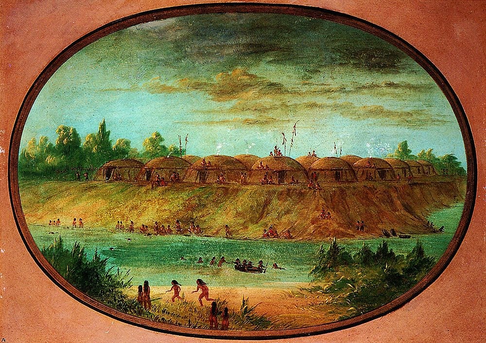 George Catlin (1796-1872). Minatarree Village, Minatarree, seven miles above the Mandan on the bank of the Knife River, ca. 1855-1870. Gift of Paul Mellon.
