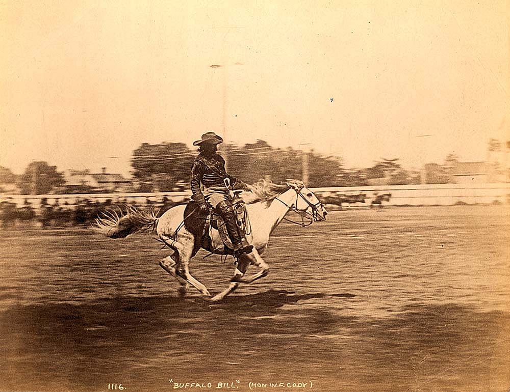 Buffalo Bill galloping in an arena, undated. MS 071 Vincent Mercaldo Collection, McCracken Research Library. P.71.1325