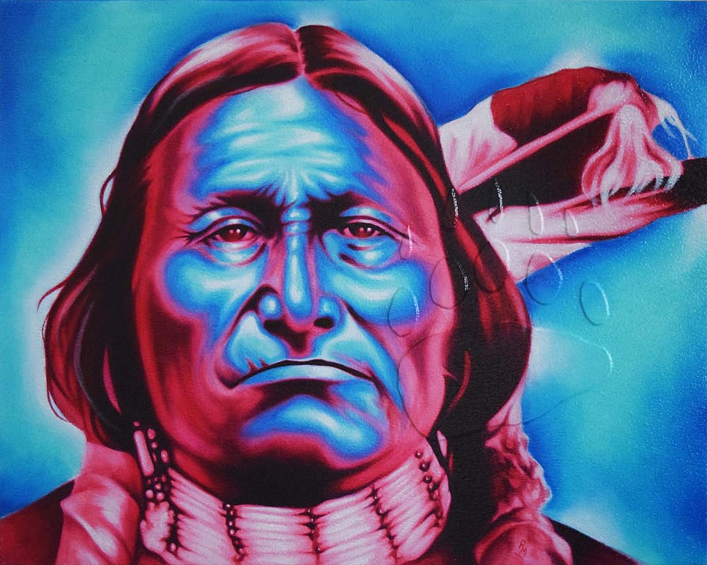 Robert Martinez, “Teiitooneihi - Be Quiet,” airbrushed acrylic & brushed oil on panel with raised bear track accent. Photo courtesy Robert Martinez.