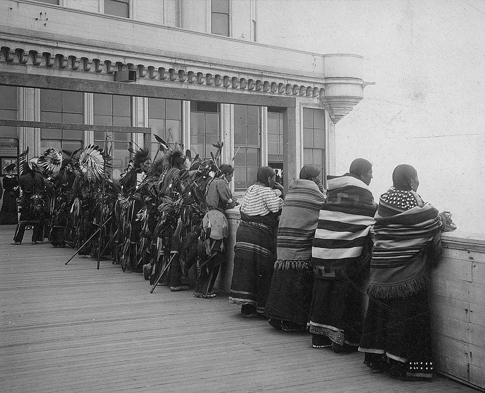 Wild West show Indians looking out from deck at Cliff House, San Francisco, California, 1902. MS 6 William F. Cody Collection, McCracken Research Library. P.69.784