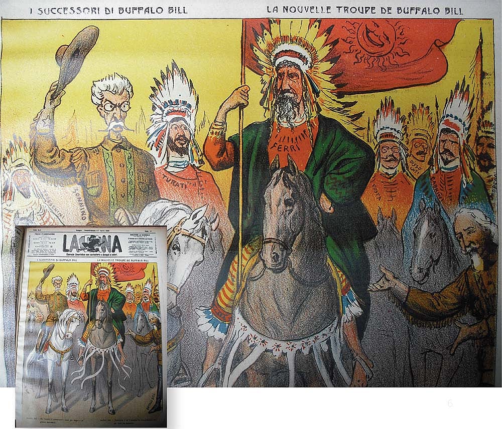 Colorful vintage illustration from "La Rana" magazine depicting caricatures of Buffalo Bill and his troupe, including Native American figures and horses.