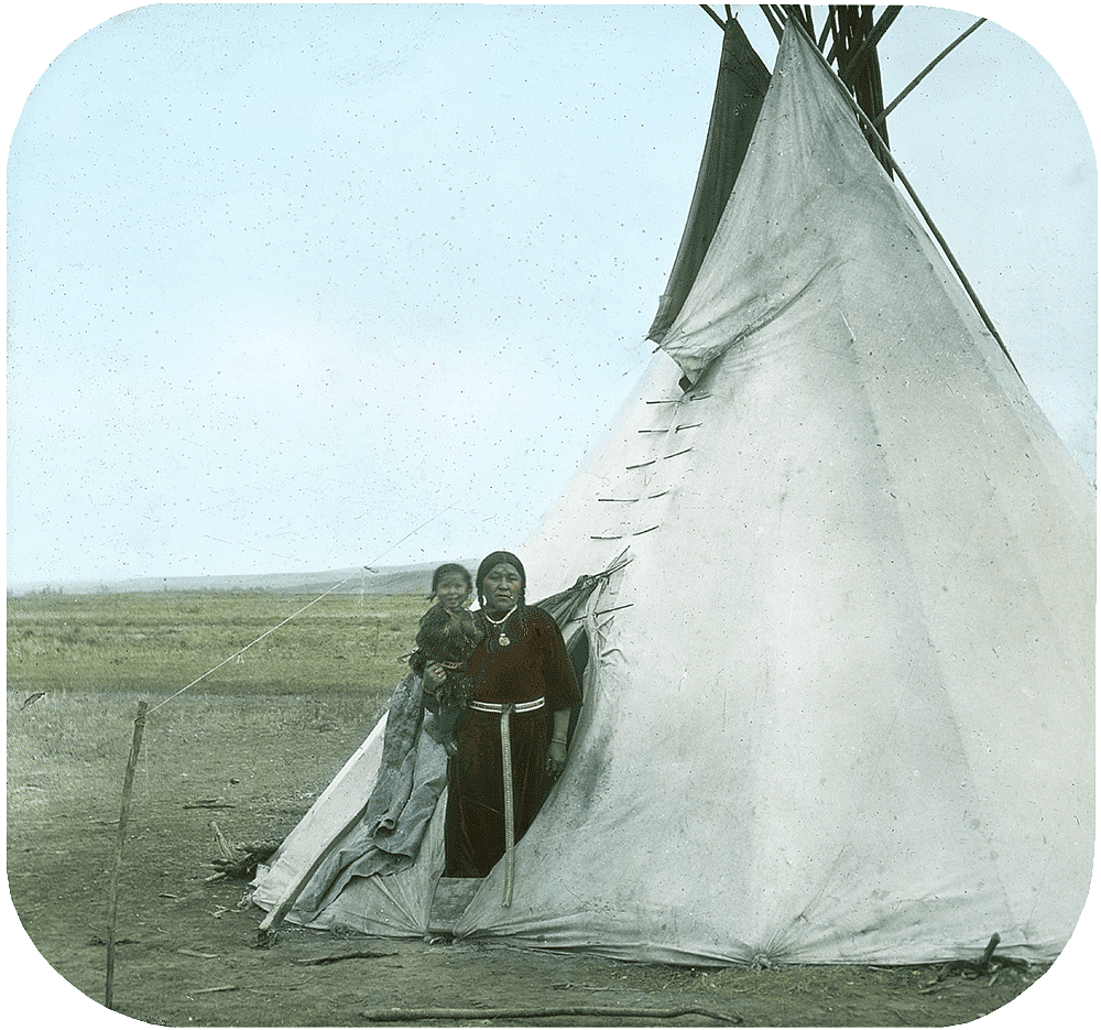 Woman and child with tipi, Crow, ca. 1903-1925. MS 95 William A. Petzoldt Lantern Slide Collection. LS.95.236