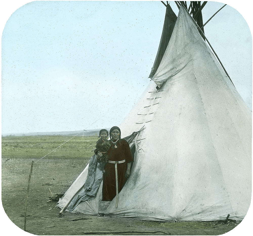 Woman and child with tipi, Crow, ca. 1903-1925. MS 95 William A. Petzoldt Lantern Slide Collection. LS.95.236