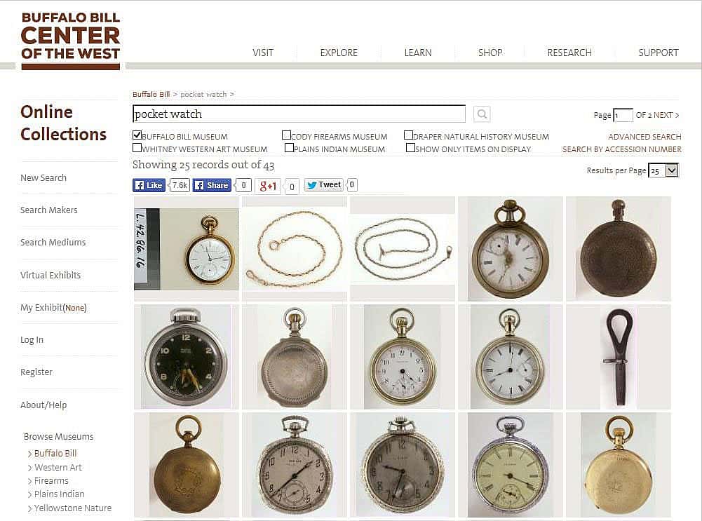 Pocket watches in the Buffalo Bill Center of the West artifact collection, accessed on the Center website