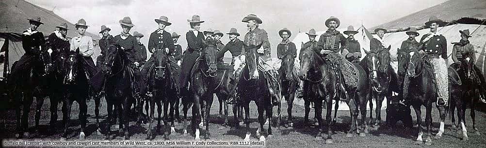 Buffalo Bill with cowboys and cowgirls of Buffalo Bill's Wild West, ca. 1900. MS 6 William F. Cody Collection, McCracken Research Library. P.69.1112