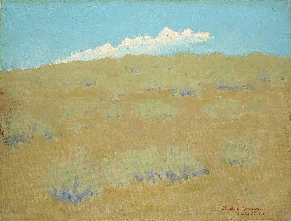 Figure 10. Shoshonie, 1908. Buffalo Bill Center of the West. Cat. no. 02868. By 1908, Remington's periodic trips west were undertaken only to paint landscapes. At this time he was exploring his own personal forms of the Impressionist vocabulary as seen in this fresh interpretation of a sage covered hillside.