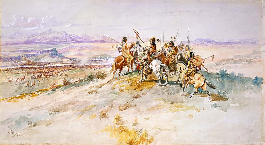 Charles M. Russell (1864-1926). Hunting Party, 1896. Watercolor on paper, 12.375 x 23 inches. Gift of William E. Weiss. 24.73