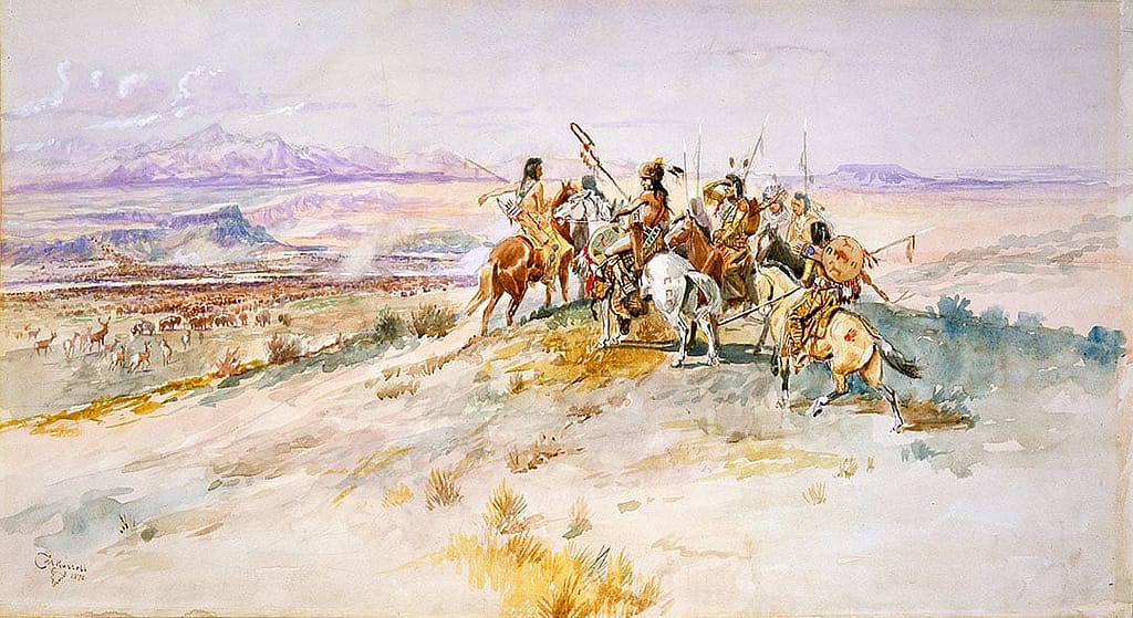 Charles M. Russell (1864-1926). Hunting Party, 1896. Watercolor on paper, 12.375 x 23 inches. Gift of William E. Weiss. 24.73