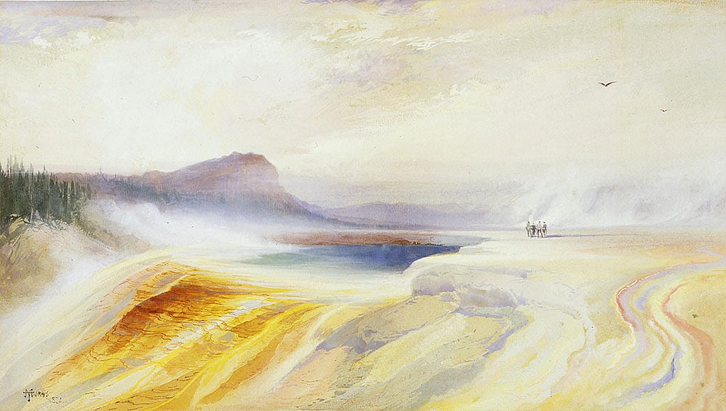 Thomas Moran (1837-1926). "Great Blue Spring of the Lower Geyser Basin, Firehole River, Yellowstone," 1872. Watercolor on paper, 18.75 x 26 inches. Purchased with funds from the William E. Weiss Fund, Mrs. J. Maxwell Moran, Wiley Buchanan III, Nancy-Carroll Draper, Nancy and Nick Petry, Steve and Sue Ellen Klein, William C. Foxley, John F. Eulich, Mary Lou and Willis McDonald IV, and D. Harold Byrd, Jr. 24.91