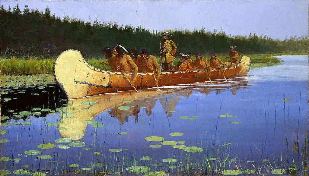 In 1903 Remington signed an exclusive contract with "Collier's" magazine to produce works in color on various historic themes related to the American frontier. As part of that work, he initiated a series of eleven paintings for the magazine in 1905 which was titled "The Great Explorers." "Radisson and Groseilliers," pictured here, is the only painting which remains from the original set. It was a pivotal piece for the "In Search of Frederic Remington" exhibition. Gift of Mrs. Karl Frank. 14.86