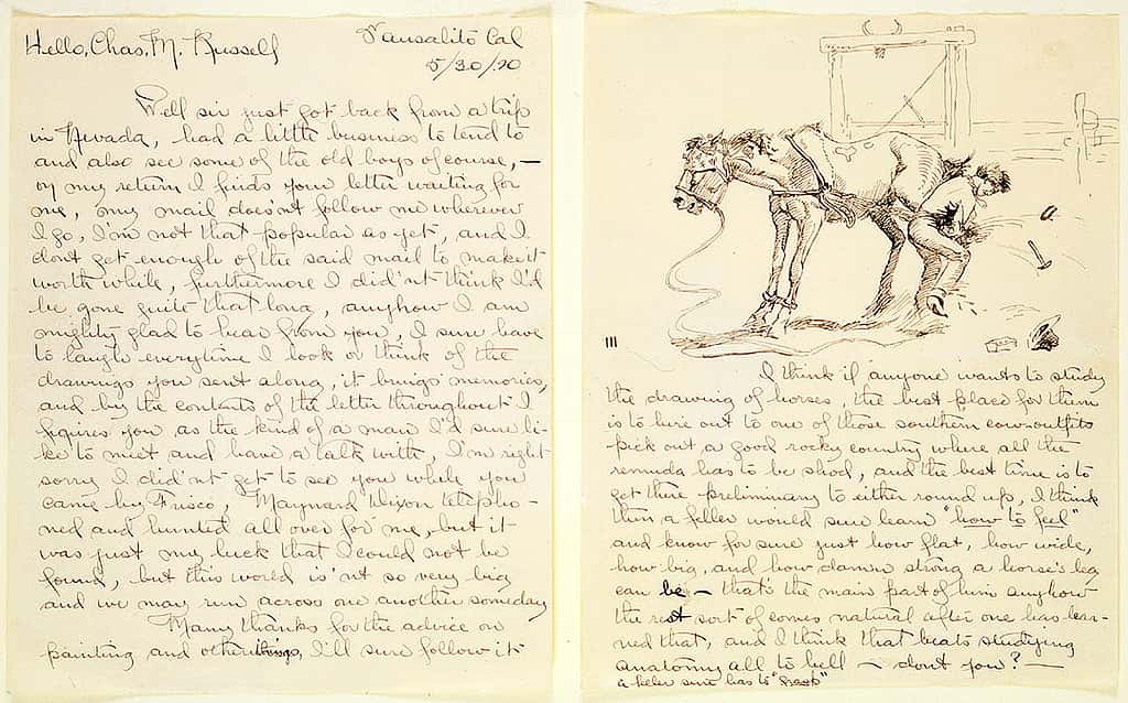 While incarcerated in Nevada, James impressed his captors with his horse sketches, probably similar to this drawing from an illustrated letter James sent to fellow artist and friend, Charlie Russell, May 30, 1920. (Note James's comment to Russell: "Well sir just got back from a trip in Nevada, had a little business to tend to and also see some of the old boys of course…I did'nt [sic] think I'd be gone quite that long, anyhow I am mighty glad to hear from you…") Gift of William E. Weiss. 79.60.2a/b