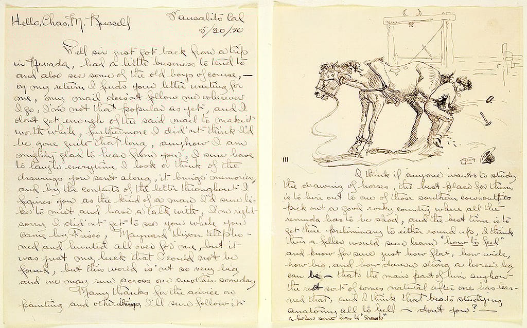 While incarcerated in Nevada, James impressed his captors with his horse sketches, probably similar to this drawing from an illustrated letter James sent to fellow artist and friend, Charlie Russell, May 30, 1920. (Note James's comment to Russell: "Well sir just got back from a trip in Nevada, had a little business to tend to and also see some of the old boys of course…I did'nt [sic] think I'd be gone quite that long, anyhow I am mighty glad to hear from you…") Gift of William E. Weiss. 79.60.2a/b