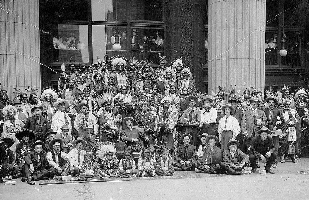 Buffalo Bill and the Wild West visited Wanamaker's Department Store in Philadelphia, and posed for the camera, probably in 1908. Store employees were intrigued by these unique customers. Gift of Gilbert Patten. P.69.1243.7