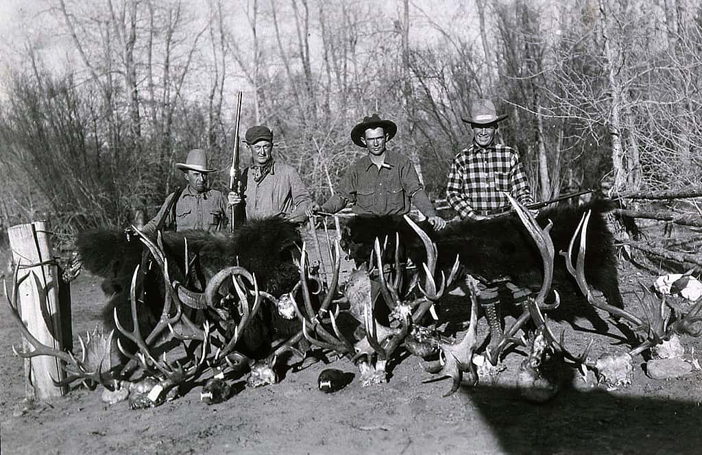 Another successful hunt in the Thorofare for Max Wilde, this time with baseball great Ty Cobb. L to R: Carl Downing, Ty Cobb, Max Wilde, Tris Speaker (Baseball Hall of Fame). Jack Richard photograph of Ty Cobb Hunt, ca. late 1940s. MS 89 Jack Richard Collection. P.89.4331