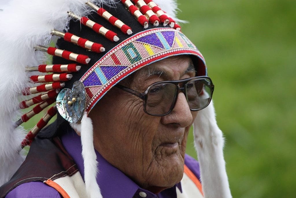 Joe Medicine Crow at the 2014 Plains Indian Museum Powwow. Photo by Ken Blackbird