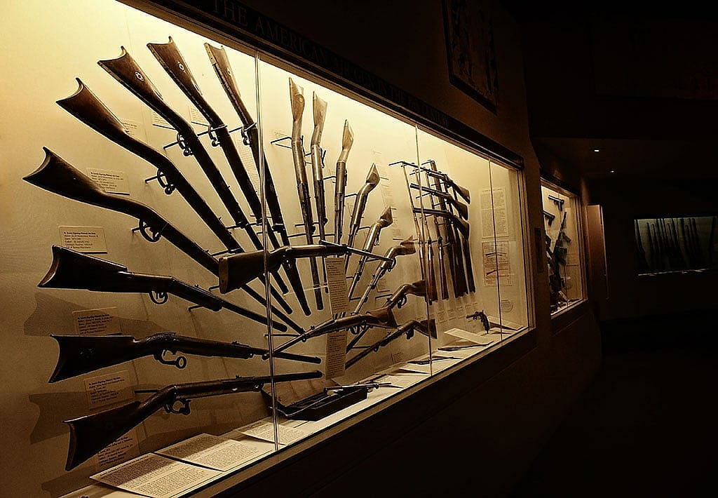 Part of an air guns exhibit in the Cody Firearms Museum, Buffalo Bill Center of the West. The Center received a NEH grant to upgrade environmental controls and improve fire and security systems in the Cody Firearms Museum.