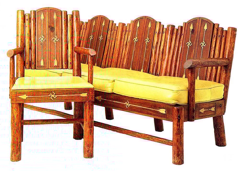Swastika settee and chair made by Thomas Molesworth. Furniture such as that created by Dunrud inspired and pre-dated the classic designs of Thomas Molesworth.