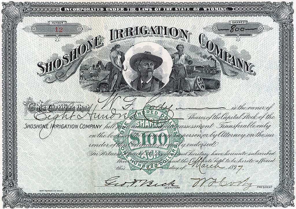 Shoshone Irrigation Company stock certificate. MS6 William F. Cody Collection. MS6.0512.5.01a