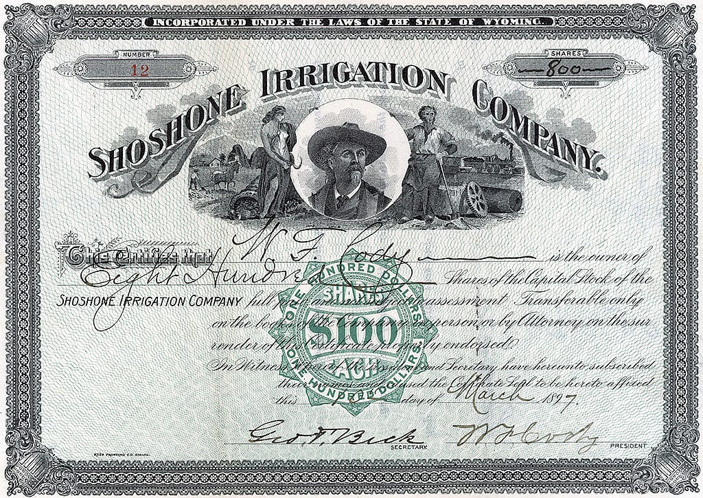 Shoshone Irrigation Company stock certificate. MS6 William F. Cody Collection. MS6.0512.5.01a