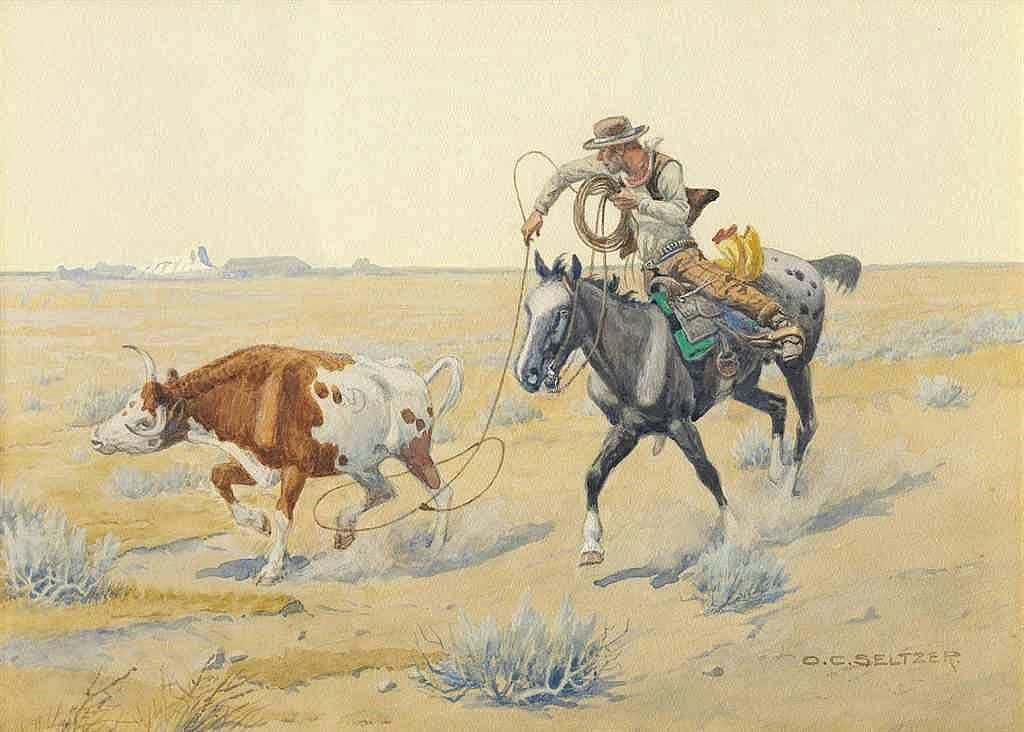 Fig. 11: Olaf C. Seltzer (1857-1977). "Laying a Trap," ca. 1904. Watercolor and pencil on paper. 10 x 14 inches. Image courtesy Christie's.