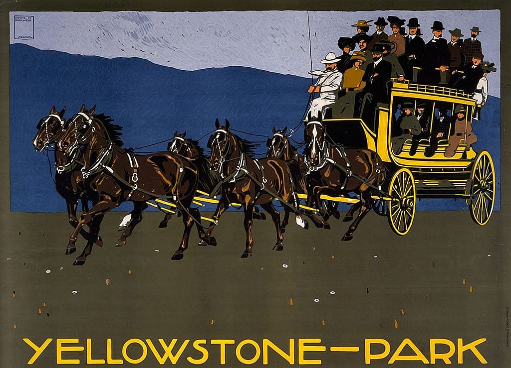 "Yellowstone-Park," c. 1910. Serigraph poster by Ludwig Hohlwein. Printed by G. Schuh and Cie, Munich, Bavaria. Gift of Clyde S. and Helen E. Erskine. 1.69.1836