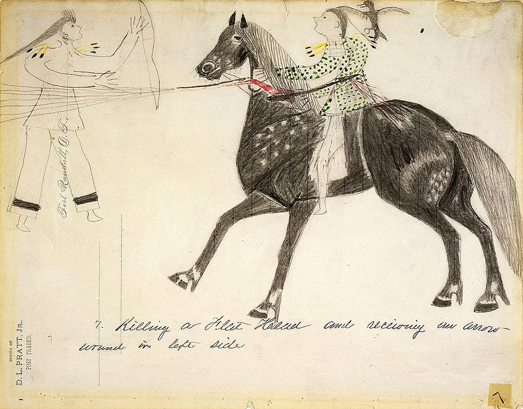 Sitting Bull (1831?–1890). "Killing a Flat-Head and Receiving an Arrow Wound in Left Side," c. 1882. Crayon and pencil on paper. 40.70.7