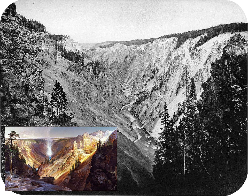 W.H. Jackson's camera brought the depth and contour of the Grand Canyon of the Yellowstone, a scene unknown to the American public. Jackson wrote, "the Grand Canyon presents a more enchanting and bewildering variety of forms and colors than human artists ever conceived." But even Jackson realized that, "the great picture of the 1871 survey was no picture but a painting by (Thomas) Moran of Yellowstone Falls," capturing, "the color and the atmosphere of spectacular nature." WHJ-A.035. Inset: Thomas Moran (1837-1926). "The Grand Canyon of the Yellowstone," 1893-1901. Oil on canvas. On loan at Center of the West in 2009 from Smithsonian American Art Museum; lent by the Department of the Interior Museum. Gift of George D. Pratt [1928.7.1] L.319.2009.1