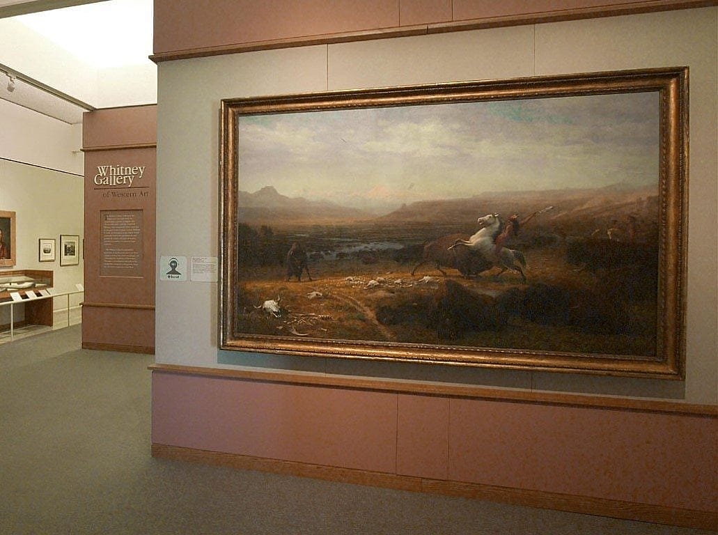 The Whitney's old entrance. In our reinstallation, Albert Bierstadt's "Last of the Buffalo" is moved, but still prominent.