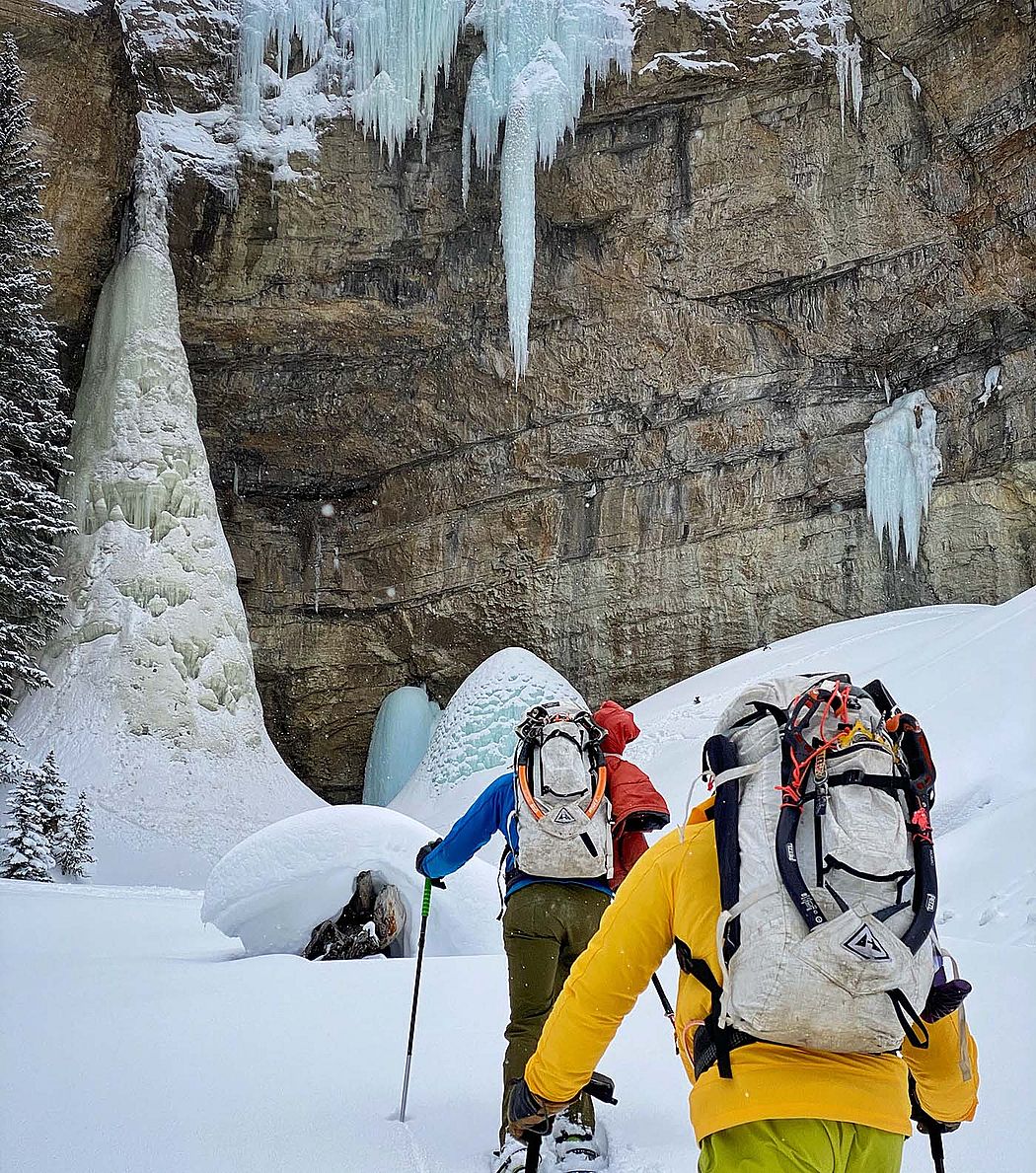 Ice climbers in Cody's South Fork Valley approach a frozen waterfall known as the Christmas Tree. Aaron Mulkey photo.