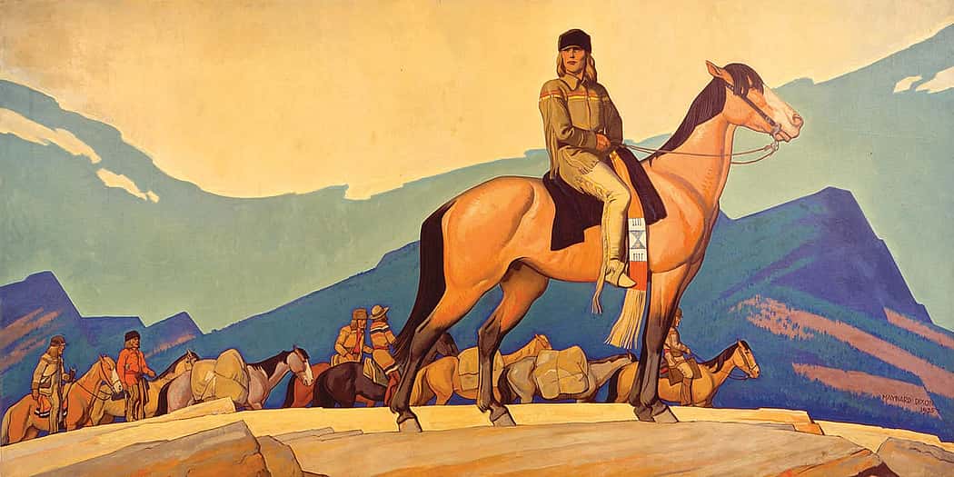 Charles Fritz considers Maynard Dixon among his favorite artists. He is especially attracted to how Dixon depicts shapes in nature and uses similar methods in his work. Maynard Dixon (1875-1946). "Kit Carson with Mountain Men," 1935. Oil on canvas, 96 x 180 inches. Anonymous lender. L.278.2003.1