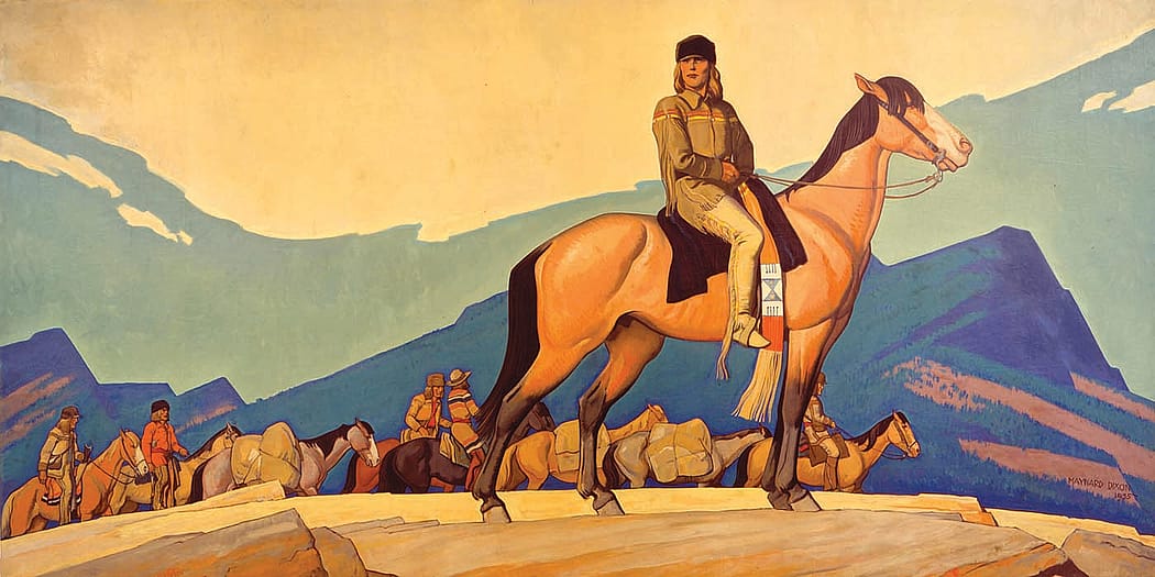 Charles Fritz considers Maynard Dixon among his favorite artists. He is especially attracted to how Dixon depicts shapes in nature and uses similar methods in his work. Maynard Dixon (1875-1946). "Kit Carson with Mountain Men," 1935. Oil on canvas, 96 x 180 inches. Anonymous lender. L.278.2003.1
